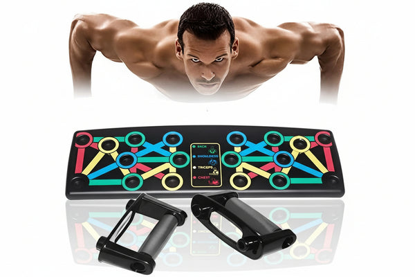 Colorful fitness device with digital display and black handles, shown with a person doing push-ups.