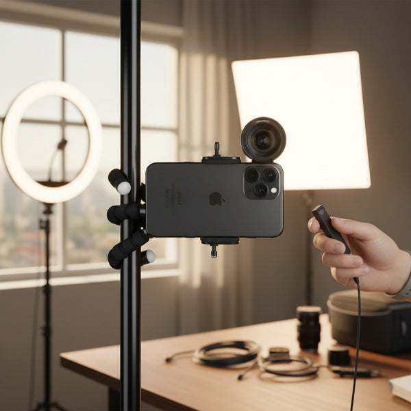 Phone holder with adjustable arm attached to a stand